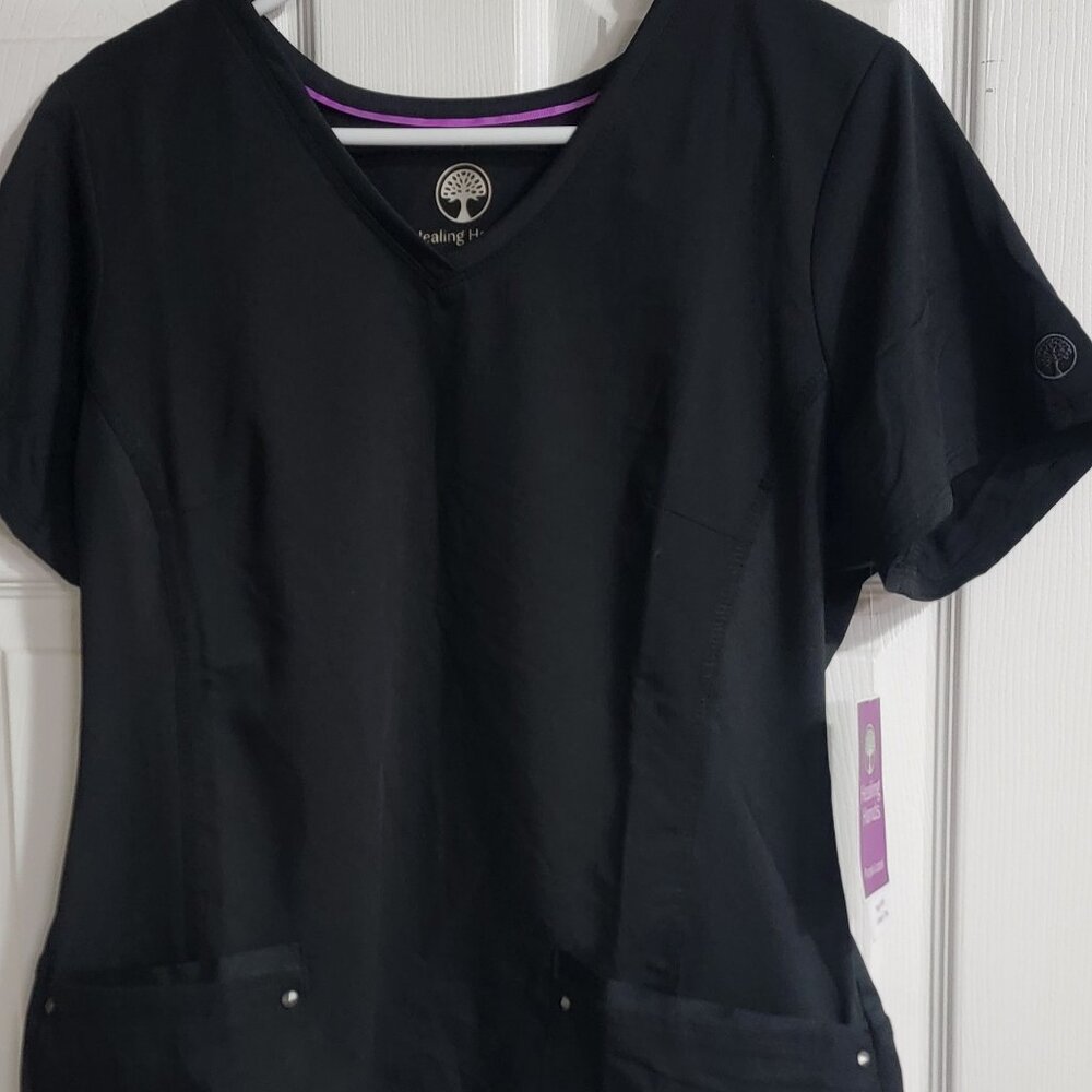 Healing Hands Juliet Purple label Black Scrub top NWT Large